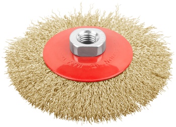 Корщетка-колесо с наклоном, гайка М14, стальная латунированная волнистая проволока 115 мм