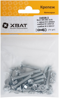 Комплект: Винт DIN965 5х30,  с гайкой М5 DIN934, шайбой М 5 DIN125, шайбой М 5 DIN127  (фасовка 1410