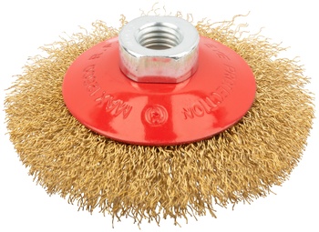 Корщетка-колесо с наклоном, гайка М14, стальная латунированная волнистая проволока 100 мм