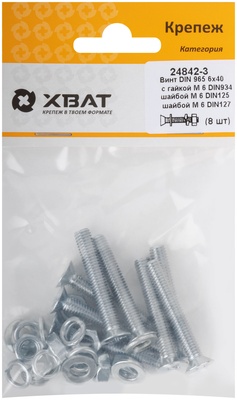 Комплект: Винт DIN965 6х40,  с гайкой М6 DIN934, шайбой М 6 DIN125, шайбой М 6 DIN127  (фасовка 810.